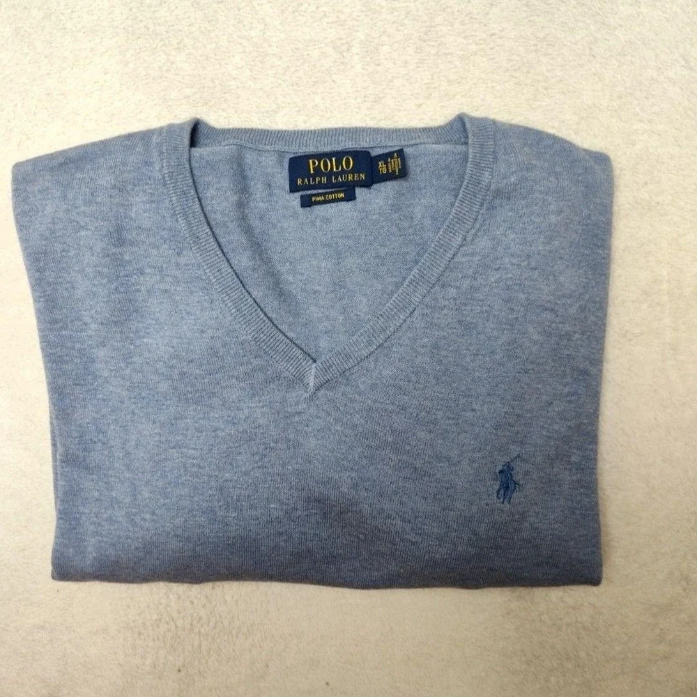 Polo Ralph Lauren Sweater Mens XL Blue V-Neck Pima Cotton Lightweight Pullover